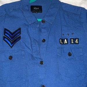 Rails Blue Military Camo Linen Shirt Patch Jacket Button Up
